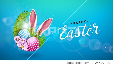 Happy Easter Illustration with Flower, Painted Egg and Rabbit Ears on Blue Background. Vector International Religious Celebration Holiday Design with Typography Letter for Greeting Card or Banner. 124407420