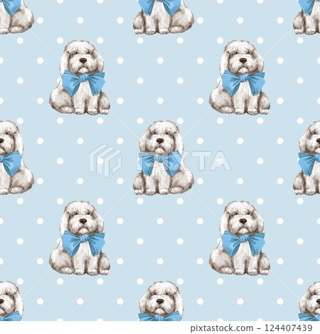 Seamless Pattern with Cute Fluffy Dog Design on blue background 124407439