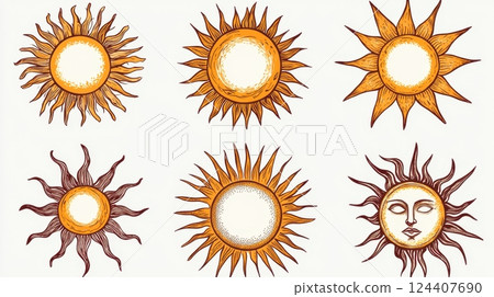 six hand-drawn sun illustrations with intricate designs, each having unique patterns of rays and details 124407690