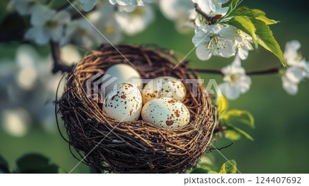 a bird's nest carefully cradled in the branches of a blossoming tree 124407692
