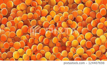 a seamless pattern of vibrant orange spheres, possibly depicting a stylized representation of citrus fruit slices or abstract bubbles 124407698