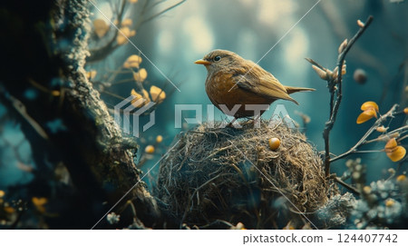 a small brown bird perched on a delicate nest amidst a dreamy, ethereal forest setting with golden autumn leaves 124407742