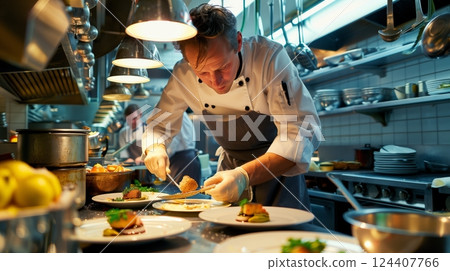 A chef meticulously plates a gourmet dish, blending exquisite flavors and artistry to delight diners. 124407766