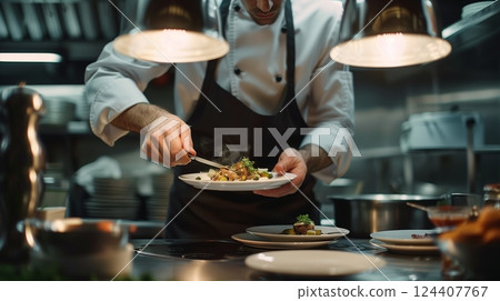 A chef expertly plates a gourmet dish in a high-end kitchen, creating a visually stunning masterpiece. 124407767