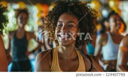 Friends energetically take a fitness class together, radiating smiles and positive vibes while pushing limits. 124407799