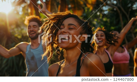 Friends joyfully participate in a high-energy fitness class, cheering and motivating each other. 124407800