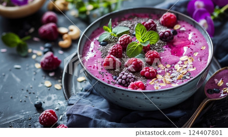 A vibrant smoothie bowl with fresh fruits, crunchy nuts, and seeds, offering delightful flavors and nutrients. 124407801