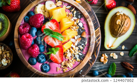 A nutritious smoothie bowl topped with fresh fruits, crunchy nuts, and seeds, bursting with flavors. 124407802