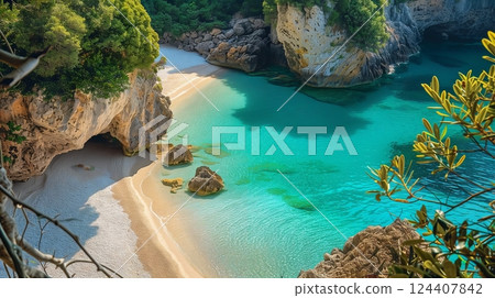 A hidden beach with clear waters, golden sand, cliffs, and lush greenery showcases serene paradise. A hidden beach with clear waters, golden sand, cliffs, and lush greenery showcases serene paradise. 124407842