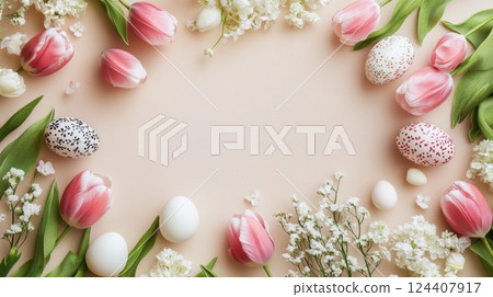pastel beige background decorated with delicate pink tulips, white flowers, and beautifully decorated Easter eggs 124407917