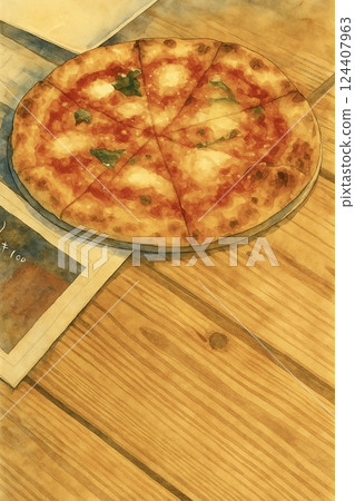 An illustration of a warm lunch scene with a fragrantly baked Margherita pizza and a wooden table 124407963