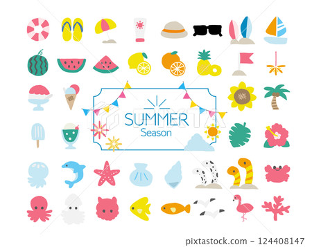 Summer hand drawn vector icon illustration material set | Beach, sea, resort Summer hand drawn vector icon illustration material set | Beach, sea, resort 124408147