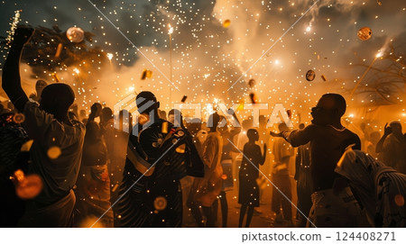 A photo captures people enjoying a local festival, creating a vibrant and joyful community experience. 124408271