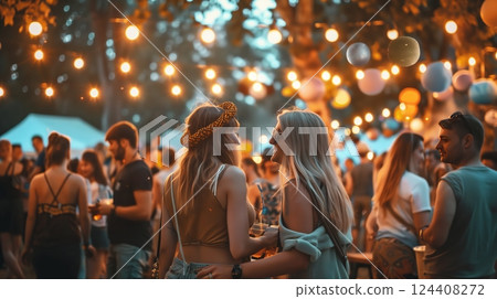 A photo captures a local festival's spirit, with people reveling in spontaneous, memorable moments. 124408272
