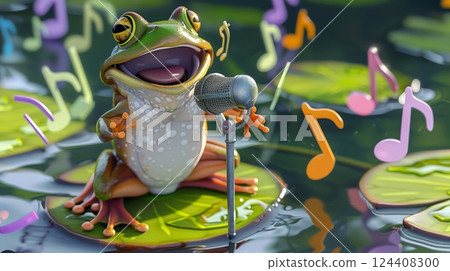 Animated frog serenades on a lily pad stage with vibrant musical notes under a moonlit sky. 124408300