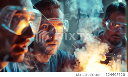 Chemists in safety goggles observe an exothermic reaction emitting intense smoke and light in a fume hood. 124408320