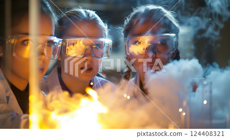 Chemists in safety goggles observe a dramatic exothermic reaction, marveling at the smoke and light effects. 124408321