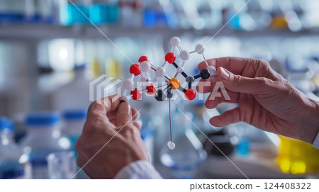 Hands holding a molecular model in a detailed chemistry lab with various equipment and glassware. 124408322