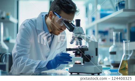 A scientist observes a crystalline structure under a microscope, gathering valuable research data. 124408325