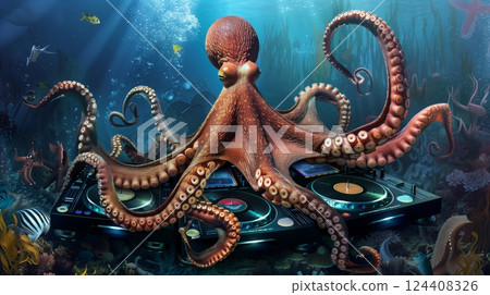 An octopus DJ spins vinyl at an underwater rave, as colorful sea creatures groove under bioluminescent lights. 124408326
