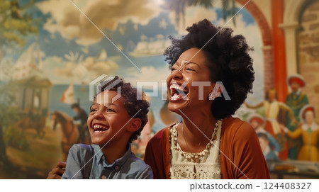 A mother and son laugh using a virtual photo booth that transports them into historic scenes. 124408327