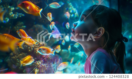 A little girl is captivated by vibrant fish in a digital marine exhibit, her eyes filled with wonder and joy. 124408328