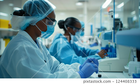 Lab techs in sterile settings meticulously conduct PCR tests, ensuring precision and accurate results. 124408333
