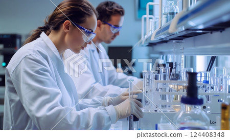 Chemists in quality control use high-performance liquid chromatography to ensure product consistency and standards. 124408348