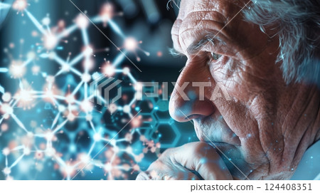 A detailed close-up shows a researcher deep in thought, meticulously observing a complex chemical reaction. A detailed close-up shows a researcher deep in thought, meticulously observing a complex chemical reaction. 124408351