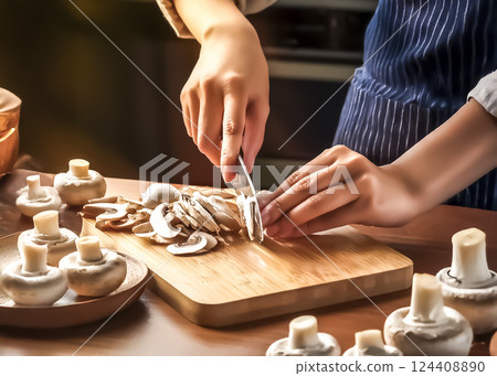 家庭主婦切蘑菇圖片素材 124408890