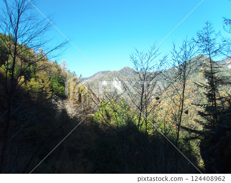View of autumn mountains from the mountain shadow View of autumn mountains from the mountain shadow 124408962