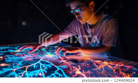 A young neuroscientist uses a touch-sensitive table to manipulate vividly illuminated 3D neuron models. 124409024