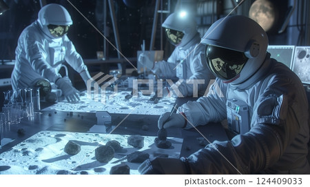 Physicists at a lunar facility analyze moon rocks, amid stunning holographic lunar terrain maps. 124409033