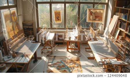 A sunlit studio with looms where artists craft scenes of life, nature, and folklore in vibrant colors. 124409048