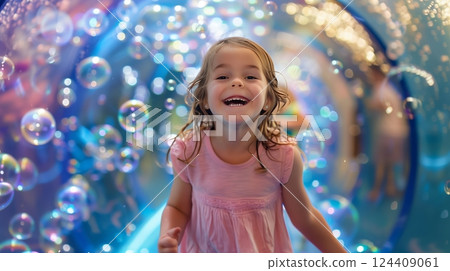 A girl giggles through a tunnel of floating, color-changing bubbles, her laughter echoing joyfully. A girl giggles through a tunnel of floating, color-changing bubbles, her laughter echoing joyfully. 124409061