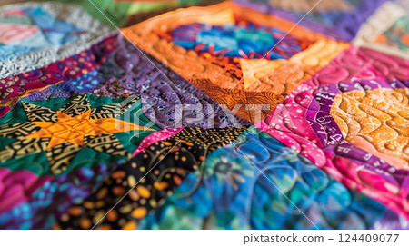 A close-up of a multicultural quilting circle showcases members contributing traditional patterns, embodying unity. 124409077