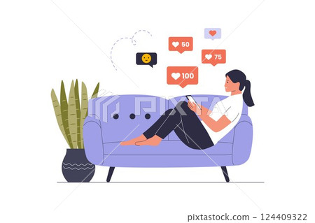 Illustration of a Person Addicted to Social Media and Gadgets 124409322