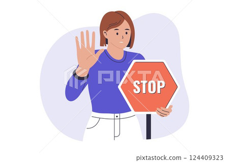 Illustration of a woman holding stop sign 124409323