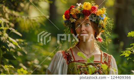 A Finnish woman in a Midsummer floral crown and folk dress stands serenely in lush, green forests. 124409366