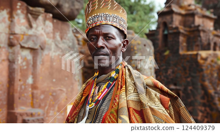 A regal Ethiopian woman in a traditional habesha kemis stands gracefully by Lalibela's historic rock-hewn churches. 124409379