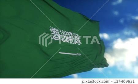 Realistic Flag of Saudi Arabia waving at wind in slow with blue sky. 3d illustration 124409651