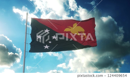 Flag of Papua New Guinea waving at wind against beautiful blue sky. 3d illustration 124409654