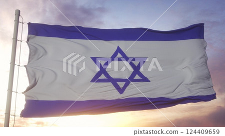 Israel politics and news concept. Israel national flag on sky background. 3d illustration Israel politics and news concept. Israel national flag on sky background. 3d illustration 124409659