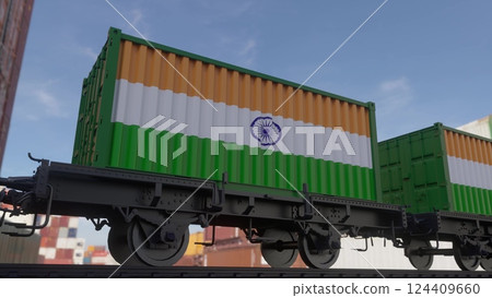 Train and containers with the flag of India. Railway transportation. 3d illustration Train and containers with the flag of India. Railway transportation. 3d illustration 124409660