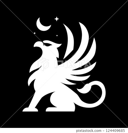 Mythical griffin, the griffin sits on its hind legs with its wings spread 124409685