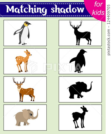 Brainteaser for kids. Educational cards. Zoo animals. Penguin, fawn, deer and elephant. Find the correct shadow. Activity for preschoolers and toddlers. Brainteaser for kids. Educational cards. Zoo animals. Penguin, fawn, deer and elephant. Find the correct shadow. Activity for preschoolers and toddlers. 124409705