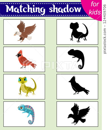 Brainteaser for kids.  Educational cards. Zoo animals. Eagle, cardinal, lizard and chameleon. Find the correct shadow. Activity for preschoolers and toddlers. 124409706