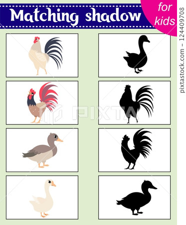 Brainteaser for kids.  Educational cards. Farm animals. Rooster and goose. Find the correct shadow. Activity for preschoolers and toddlers. 124409708