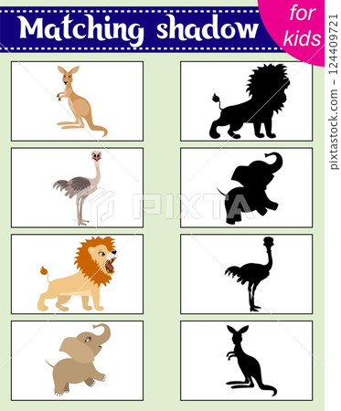 Brainteaser for kids.  Educational cards. Zoo animals. Kangaroo, ostrich, lion and elephant. Find the correct shadow. Activity for preschoolers and toddlers. 124409721