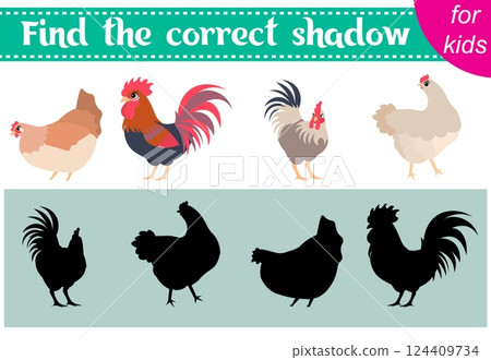 Brainteaser for kids. Farm animals. Rooster and hen. Find the correct shadow. Educational cards. Activity for preschoolers and toddlers. 124409734